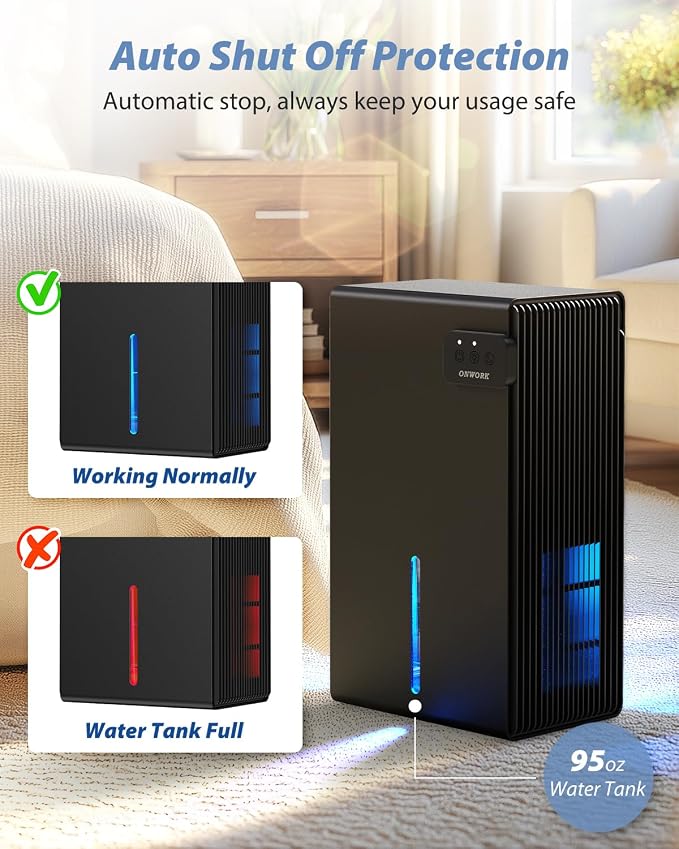 Dehumidifier, 95 OZ Dehumidifiers for Home (800 sq.ft), Quiet Small Dehumidifiers for Bedroom Bathroom Basements Closet RV, Auto Shut Off, Two Working Models and 7 Colors LED（Black）