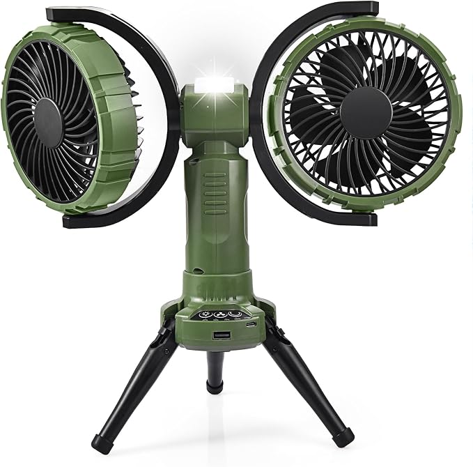 10000mAh Outdoor Camping Fan, Oscillating Battery Operated Tent Fan with LED Lantern, Dual Head Rechargeable Tent Ceiling Fan with Tripod & Hanging Hook - Green