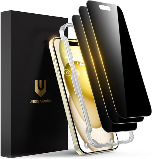 UNBREAKcable Privacy Screen Protector for iPhone 15 (6.1"), 25° Anti-Spy Tempered Glass, Easy Install Alignment Frame, Case-Friendly, 9H Hardness, Anti-Fingerprint, 3-Pack
