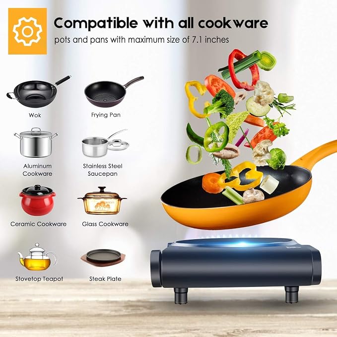 1200W Infrared Single Burner Electric Hot Plate, Fast Heating & Energy Efficient, 7 Inch Ceramic Glass Portable Electric Stove with Adjustable Temperature Control, Compatible w/All Cookware