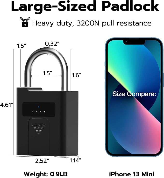 eLinkSmart Fingerprint Padlock with Key Backup, Heavy Duty Weatherproof Bluetooth Biometric Keyless Electronic Digital Smart Pad Lock for Gate Outdoor Fence Storage Locker Pool Shed