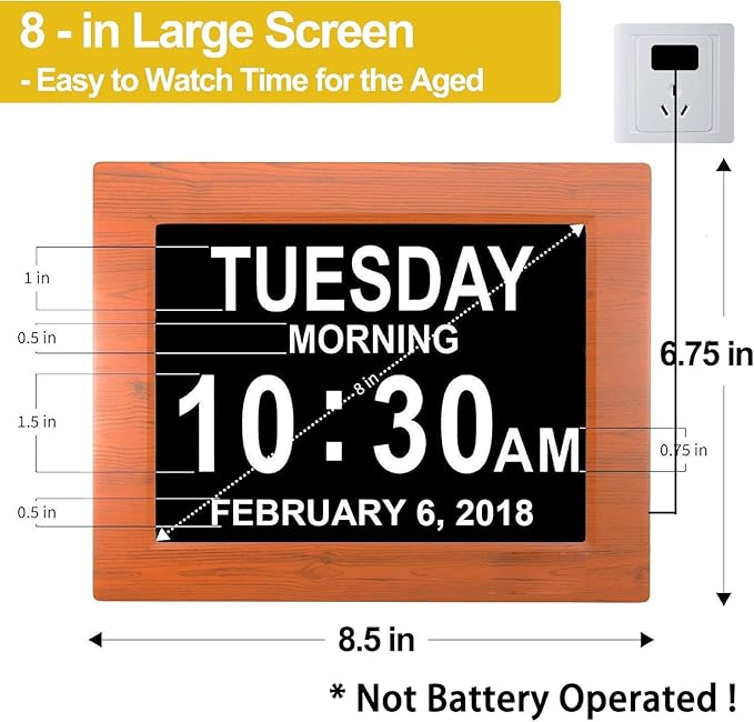 JALL 8" Large Digital Calendar Day Clock for Seniors 2026 - Easy to Read Alzheimer's Dementia Memory Loss Clock for Elderly with IPS Wide Angle，Day & Date, 12 Custom Alarms & Auto-Dimming, Wood