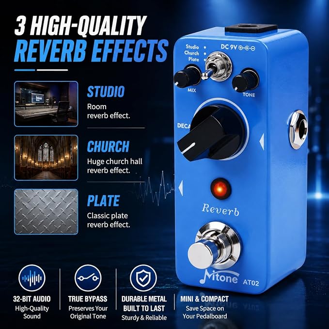 AITONE AT-02 Reverb Pedal Digital Reverb Guitar Effect Pedal with 3 Modes True Bypass for Electric Guitar