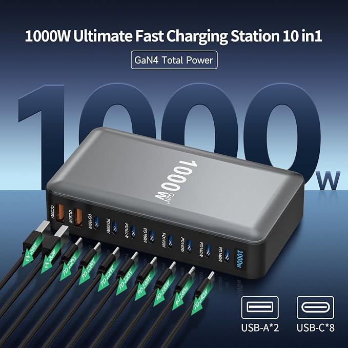 Famous Tech Shop 1000W GaN 10-Port USB-C Charging Station with 240W Cable, Fast Desktop Charger for Laptops, Tablets, Phones, Gaming Consoles