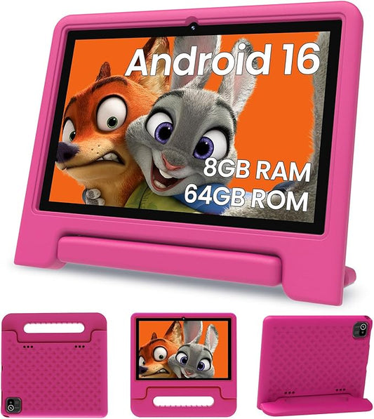 ApoloSignage 2026 Android 16 Kids Tablet, 10 Inch HD Display, 8GB RAM, 64GB ROM (Expandable to 1TB), with Kids Space, Parental Controls, Long-Lasting Battery (Pink)