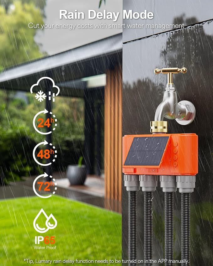 Lumary Solar WiFi Sprinkler Timer 4 Zone w/Water Flow Meter, Smart Water Timer for Garden Hose w/Adjustable 90° Panel, APP Automatic Irrigation Controller System for Lawns Yard, No Need Hub
