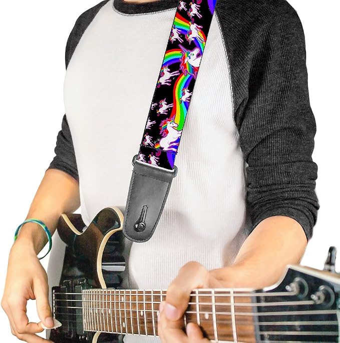 Buckle-Down Guitar Strap Unicorns Rainbow Swirl Black 2 Inches Wide