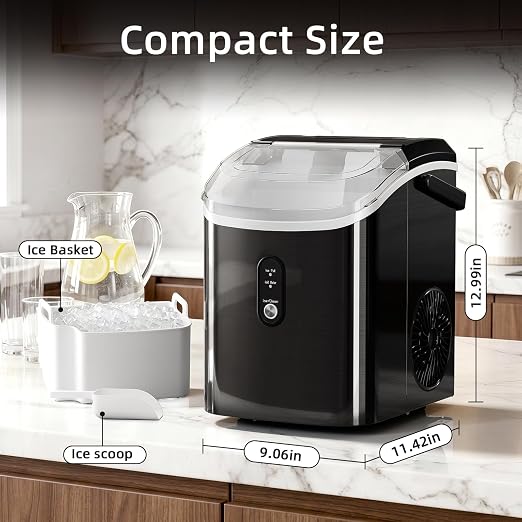 Nugget Countertop Ice Maker with Soft Chewable Ice, 34Lbs/24H, Pebble Portable Ice Machine with Ice Scoop, Self-Cleaning, One-Click Operation, for Kitchen,Office Stainless Steel Black