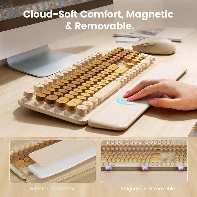 Wireless Keyboard and Mouse Combo, Magnetic Soft-Touch Wrist Rest, Round Keycaps, Full-Size Retro Typewriter Keyboard, 2-Stage Tilt Legs, Auto Sleep, 2.4GHz Cordless for Windows PC, Beige-Brown Ombre