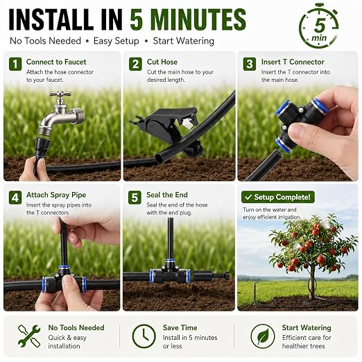 High-Flow Tree Irrigation System, 15FT 12mm Hose & 2Pcs 6.5FT Adjustable Nozzles, for Tree Roots & Canopies Irrigation, Leaf & Fruit Cleaning, Ideal for Fruit Trees & Ornamental Trees