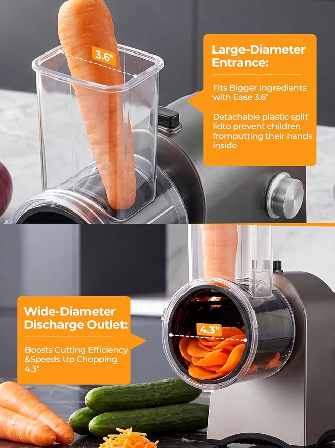 FOHERE Upgraded Electric Cheese Grater, 300W DC Motor Salad Shooter, 6-in-1 Electric Vegetable Slicer Shredder with Widened Feeding Port for Block Cheese, Vegetables Nuts, One-Touch Control
