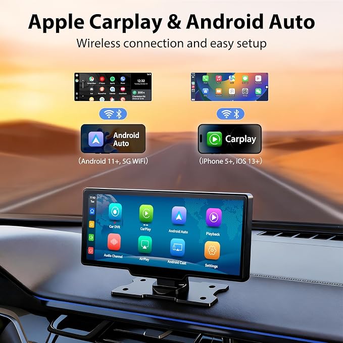 10.26" Portable Wireless CarPlay Screen for Car, Carplay & Android Auto Touchscreen with 4K Dash Cam, 1080P Backup Camera, 64GB SD Card, Apple Carplay Screen with GPS, Airplay, Mirror Link