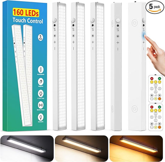12inch 5Pack Touch Control Under Cabinet Lighting, 160LED Super Bright, 4000mAh Long-Lasting, Magnetic Rechargeable Motion Sensor Under Counter Lights for Kitchen, Closet, Remote, Dimmable, 3CC丨White
