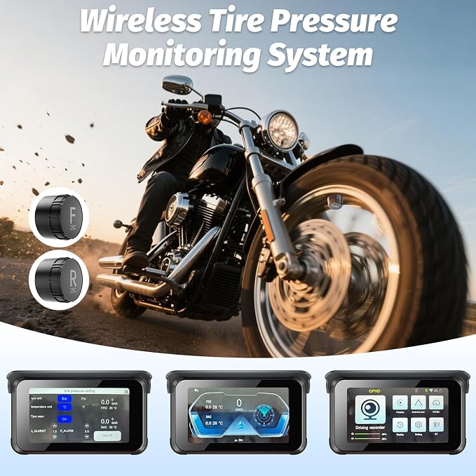 Portable Motorcycle Carplay Screen DVR,Wireless 5 Inch Waterproof Touchscreen Motorcycle TPMS with Dual 1080P Backup Camera,Siri & GPS Navigation,Apple Car Play & Android Auto for Motorbike