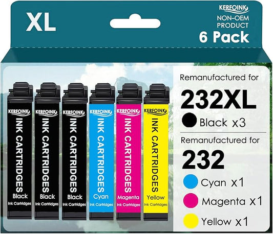 Remanufactured for 232XL Ink Cartridges for Epson 232XL 232 XL 6 Combo Pack (3 Black Cyan Yellow Magenta) with Workforce WF-2930 WF-2950 Expression XP-4200 XP-4205 Printer