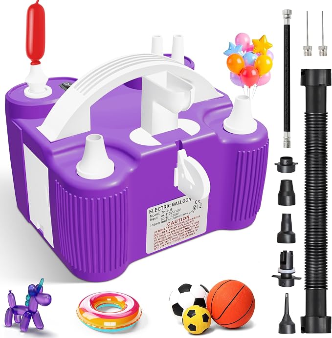 4-in-1 Balloon Pump Electric - Triple-Port 600W Air Pump for Balloons Latex, Foil Mylar Balloon, 260Q | Inflatables & Sports Balls | Portable Electric Balloon Pump with Hose, Nozzles & Ball Needles