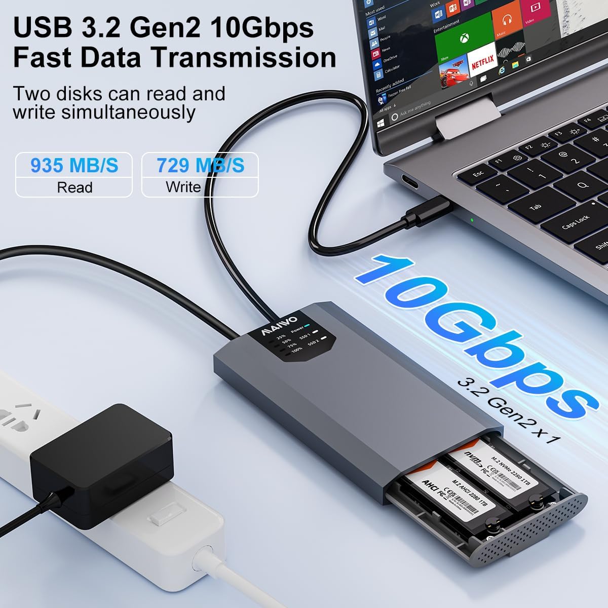 MAIWO Dual NVMe Clone SSD Enclosure, USB3.2 GEN2X2 10Gbps,Support AHCI to NVMe Clone, M.2 Duplicator Cloner for SSDs Sizes 2230/2242/2260/2280 with Indicator Light