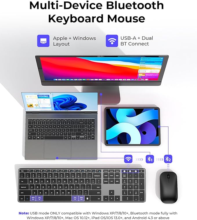 seenda Wireless Bluetooth Keyboard and Mouse Combo, SKM64-3 Rechargeable Slim Quiet Keyboard Mouse, 3 Multi-Device Connection, Compatible for Windows 11/10 PC Laptop Mac MacBook iPad, Black Gray