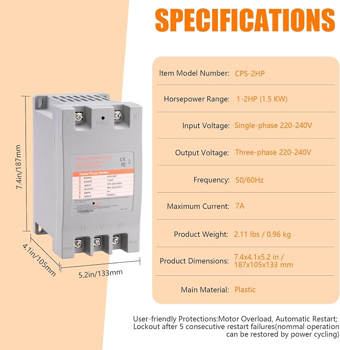 Single Phase to 3 Phase Converter，2HP 220V 3 Phase Converter，220V-240V Input/Output Digital Phase Shift for 2HP Motor