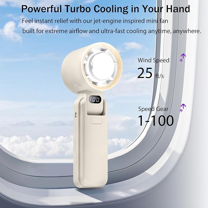Handheld Portable fan with Turbo Cooling Ice Cooler- Hand Held Fan Rechargeable,100 Speed, 20H Battery Life 3600mAh, Powerful Mini Personal Fan for Travel, Outdoor, Beach, Makeup, Summer Use