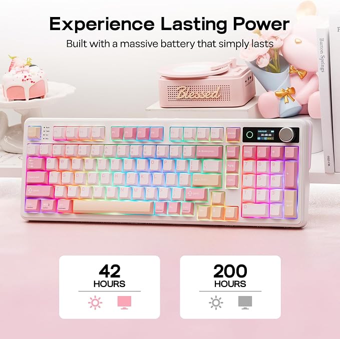EPOMAKER TH99 PRO 96% Mechanical Keyboard with Screen & Knob, 10000mAh, 2.4Ghz/BT, Hot Swap, Custom Driver, RGB Backlight, PBT Keycap, Wireless Gaming Keyboard for PC/Mac (Pink, Creamy Jade)