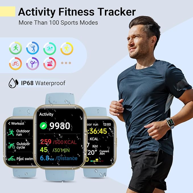 Quican Smart Watches for Men Women, Compatible with iPhone & Android | Sky Blue Fitness Tracker Smartatch with Alexa, Call & Notification Alerts, Tracks Heart Rate/Sleep Monitor