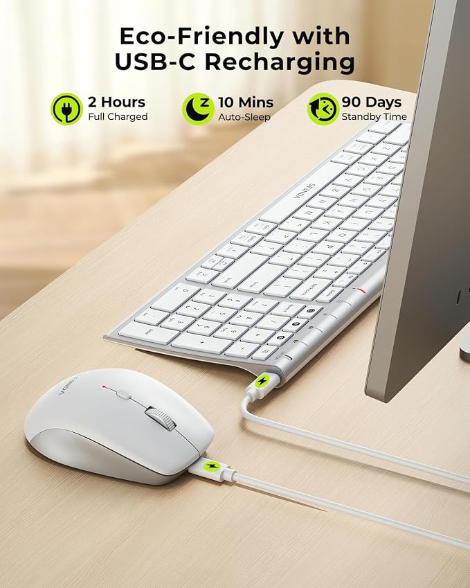 seenda Wireless Bluetooth Keyboard Mouse Combo, COE401 Rechargeable Silent Keyboard Mouse Compact Slim, 3 Multi-Device Connection, Compatible for Windows/Mac PC Laptop MacBook iPad, White Silver