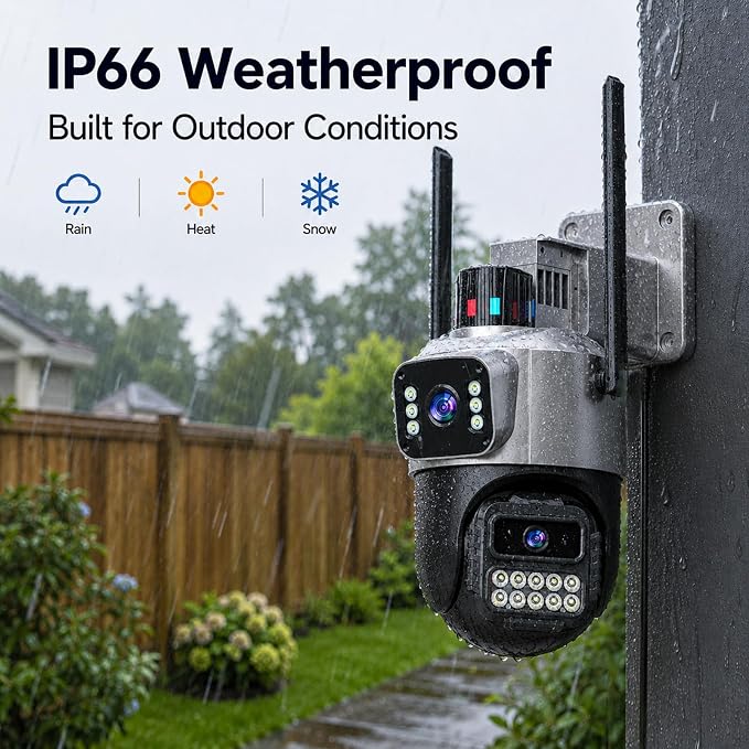 Outdoor Camera, Dual Lens PTZ 6MP Security Camera Outdoor, 6X Digital Zoom, Auto Tracking, Color Night Vision, 5G/2.4G Dual-Band WiFi, Plug-in Power, 2-Way Audio, IP66 Waterproof