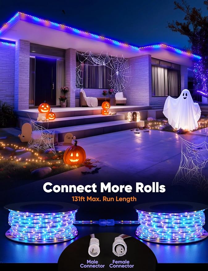 98FT Outdoor LED Strip Lights RGB+IC with Warm&Cool White, ETL Listed Music Sync Light Strip AC 120V, IP65 Waterproof and Connectable, for Party Festival Eave Porch Patio Every Day Decor