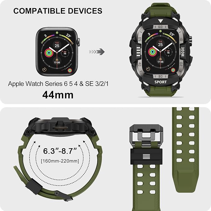DABAOZA Rugged Case with Band Compatible with Apple Watch 44mm, for iWatch Series 6/5/4 & SE 3/2/1,Military Grade Shockproof Bumper and Men's Tactical Heavy Duty Strap (Army Green,44MM)