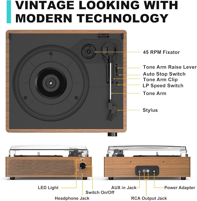 Vintage Record Player for Vinyl with Speakers Retro Turntable BT Wireless Bluetooth LP Phonograph Belt-Driven Turn Table Support 3-Speed 3 Size Headphone AUX-in RCA Wooden Grain Light Brown