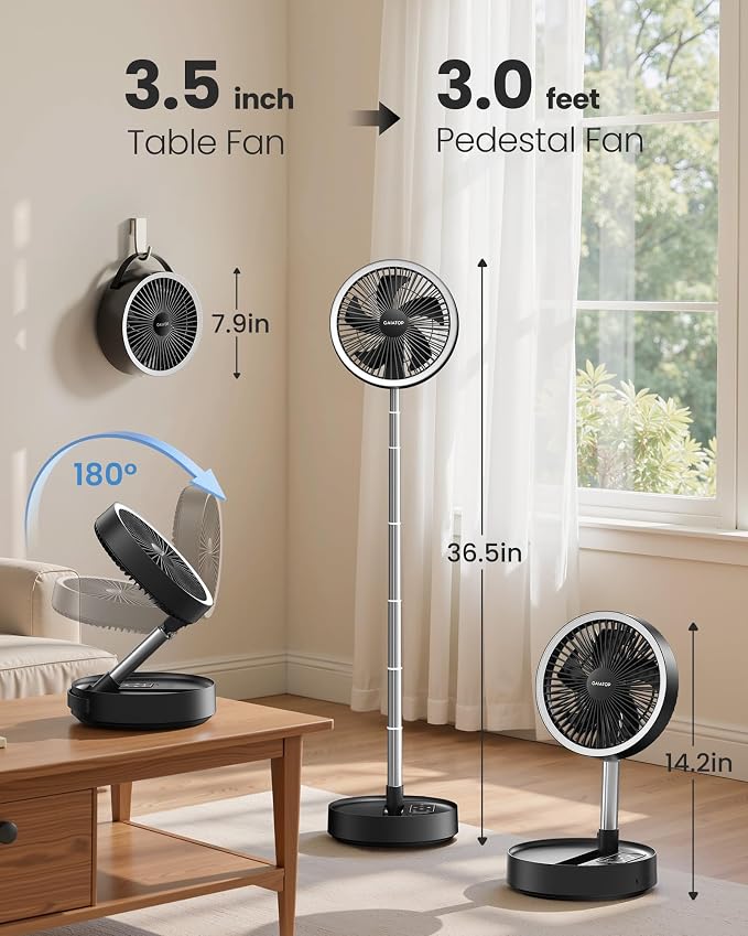 Gaiatop Portable Pedestal Fan 16000mAh Battery [Max 74h Runtime], Foldable Oscillating Standing Fan, Collapsible Desk Fans, LED Light, Case & Remote Control 4 Speeds for Outdoor Travel Camping (Black)