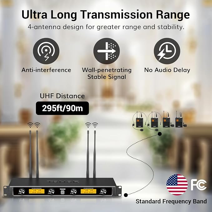TONOR UHF Wireless Microphones System with Headset/Lavalier Lapel Mics, Bodypack Transmitter, Receiver, 4 * 10 Channels, 90 m/295ft Range for Live Singing Karaoke Church Party DJ, 4 Bodypack Mics