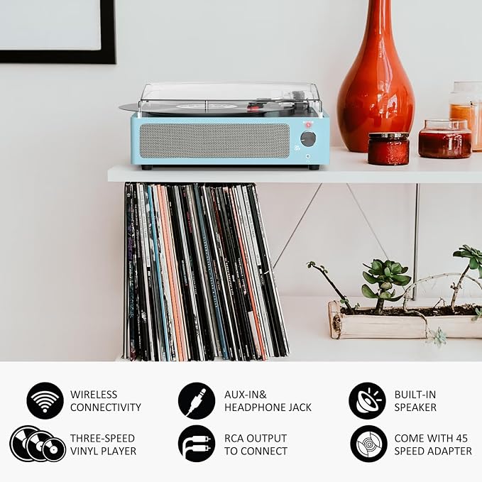 Vinyl Record Player with Speakers Vintage Turntable for Vinyl Records Belt-Driven Turntable Support 3-Speed, Wireless Playback Headphone AUX-in RCA Line LP Players for Sound Enjoyment New Sleek Blue