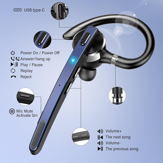 2026 Bluetooth Headset, Wireless Bluetooth 5.3 Earpiece, 90Hrs Single-Ear Headset with APTX HD Audio & Mute Button, Dual Noise Cancelling Mics, Hands Free Headphone for Trucker, Business, Gym, Blue