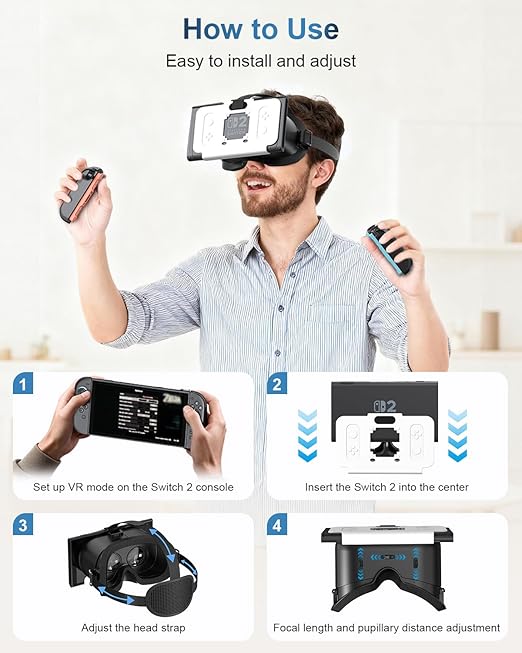 VR Headset Compatible with Nintendo Switch 2 (2025), Switch 2 Virtual Reality VR Glasses with Adjustable HD Lenses and Comfortable Head Strap, Labo VR Kit for Switch 2 Accessories, Black&White