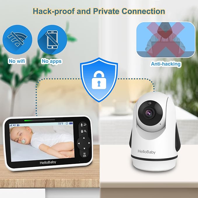 HelloBaby 5 Inch Video Baby Monitor with Camera and Audio, Remote Pan-Tilt-Zoom Camera with Night Vision, 2-Way Talk, Temperature, 8 Lullabies and 1000ft Range Baby Monitor No WiFi Needed