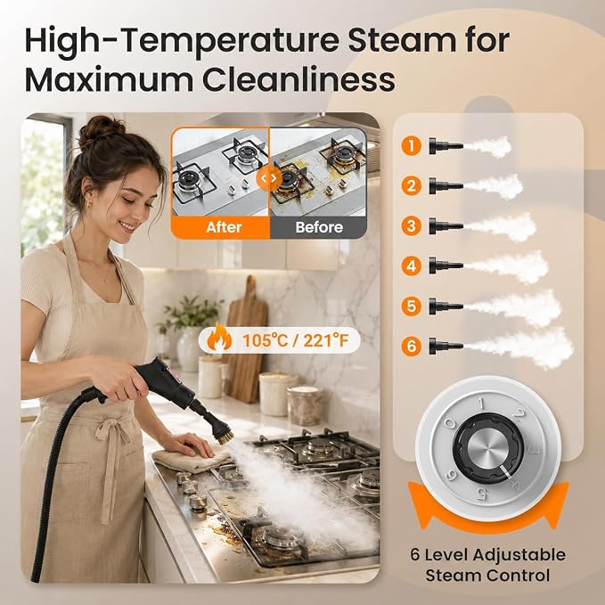 Handheld Steam Cleaner –13pcs Accessories, 1200ml Tank,6-Level Adjustable and 15s Heat-Up Portable Multi-Purpose Steamer for Home,Sofa,Car Floor,Window