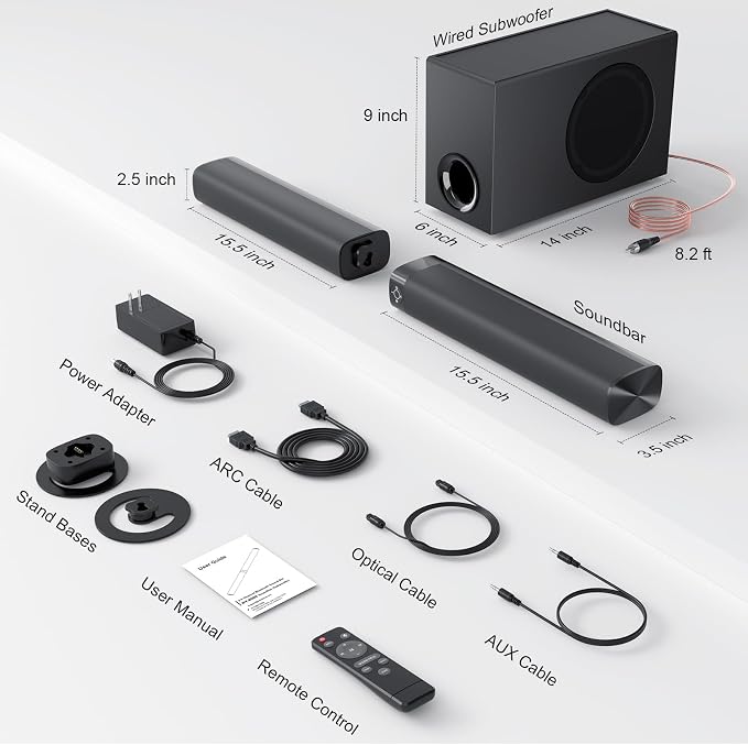 Sound Bar with Subwoofer, 110W Sound Bar for Smart TV, with Deep Bass & Volume Boost & 3 Equalizer Modes, Bluetooth/ARC/Opt/AUX Connect, Detachable Soundbar for TV/PC/Gaming/Projectors