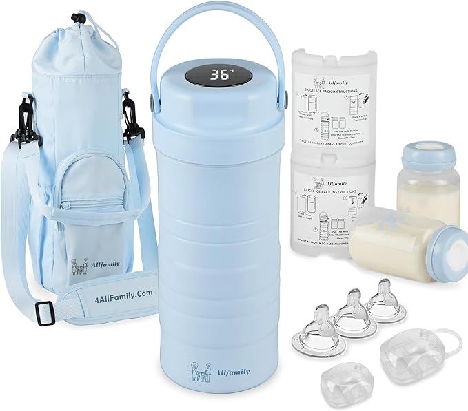 4ALLFAMILY 22oz Breast Milk Cooler Travel Bag – Larger Capacity Stores 2x11oz Bottles for More Milk - 24+ Hour Biogel Cooling & TSA-Compliant - Breastmilk Cooler Storage with Silicone Nipples – Blue