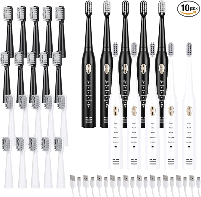 10 Pack Rechargeable Sonic Electric Toothbrush with 40 Brush Heads 12000 VPM 5 Cleaning Modes Smart 2-Min Timer USB Rechargeable IPX7 Waterproof 4 Brush Heads