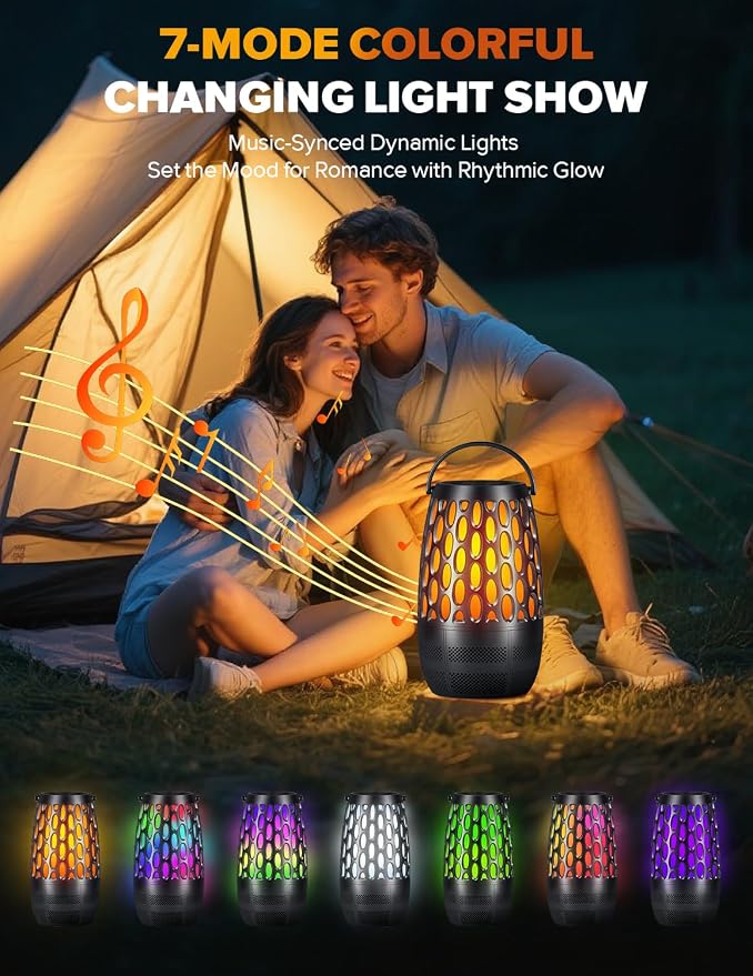 Outdoor Speakers with Flame & RGB Lights, 10W HD Stereo, Bluetooth 5.3 Auto-Pairing, Multi-Sync 100+ Speakers, IPX6 Waterproof, Perfect for Patio, Pool, Party | Gifts for Men & Women (2Pack)