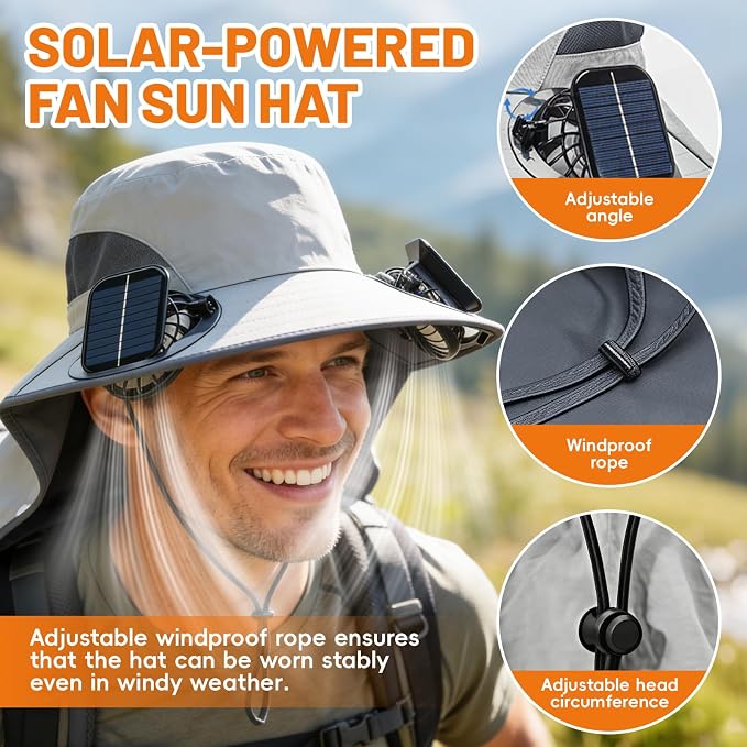 Solar Powered Fan Hat, with 2 Removable Fans & Sun Protection Neck Cover, Wide Brim Sun Hat for Men Women, Enhanced Airflow UPF 50+, USB and Solar Charging, for Outdoor Fishing, Hiking Gardening Grey
