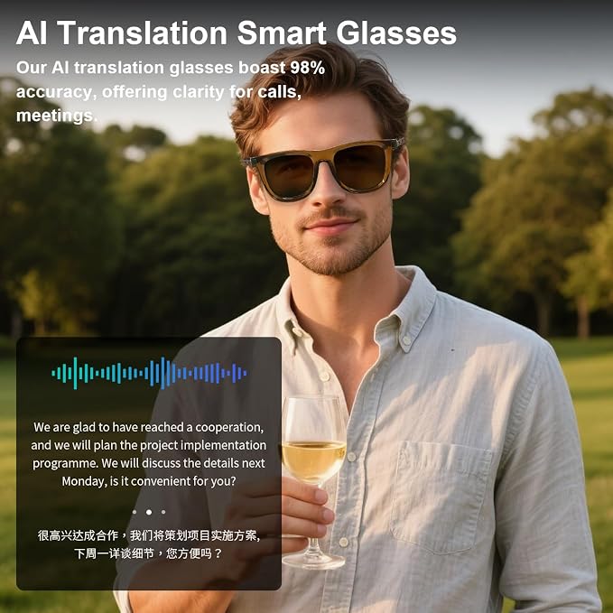 AI Smart Glasses for Men Women – Real-Time Translation Glasses in 165+ Languages, UV400 Polarized Bluetooth Sunglasses with Wear Detection Auto On/Off, Smart Sunglasses for Traveling Relaxing