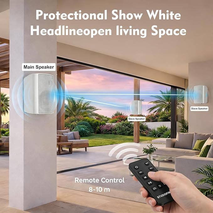 STUDIOFINIX 5.25 Inch 300W Indoor/Outdoor Bluetooth 5.1 Waterproof Wall-Mounted Speakers, Wireless Multi-Speaker Sync with IR Remote, for Patio, Garage, Home, Backyard(501BLE,White,Pair)