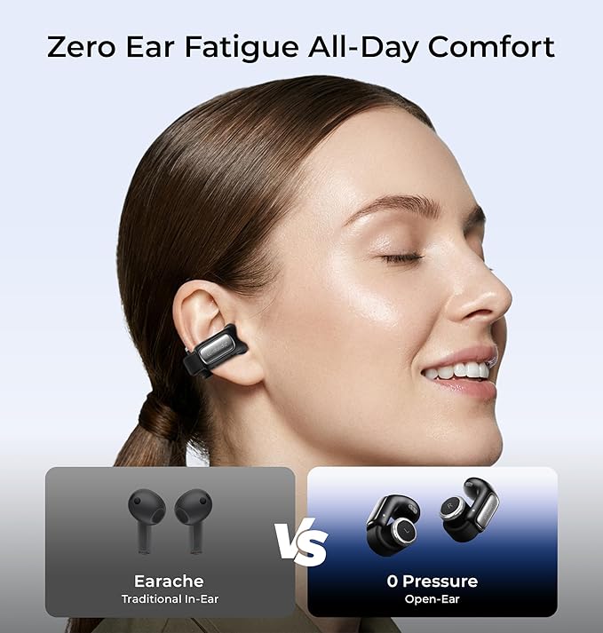 LC-dolida Open-Ear Wireless Earbuds with Smart LED Display Case, Clip On Earbuds All-Day Comfort & Situational Awareness, Case Control for Volume, EQ, Music, Find My Earbuds & Camera, Timer (Black)