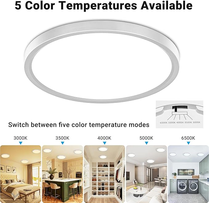 2 Pack LED Flush Mount Ceiling Light,7Inch 15W,3000K/3500K/4000K/5000K/6500K 5 Color Temperatures Ceiling Light Fixture for Kitchen Porch Hallway Bedroom Bathroom and Closet,Brushed Nickel
