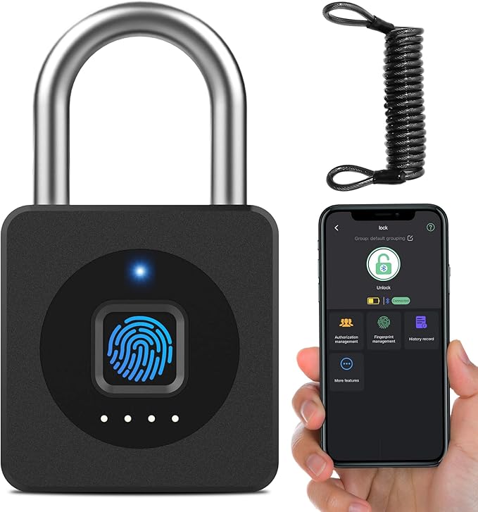 eLinkSmart Fingerprint Gym Locker Lock, Keyless Biometric Padlock, Weatherproof Electronic Digital Smart Combination Pad Lock for Outdoor Fence Gate Storage Helmet Ski Pool Shed (Black, with Cable)