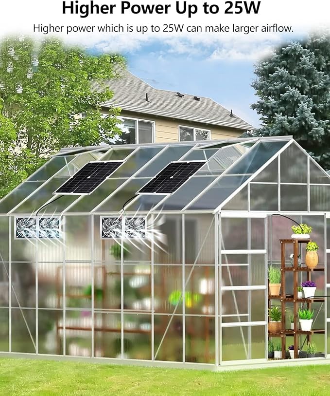 Solar Powered Fan, 25W Solar Fan for Chicken Coop, Solar Exhaust Fan for Greenhouse, Shed, Pet Houses, Outside with Two 5In IP65 Waterproof Fans, 10Ft Cable, On/Off Switch, Intake or Exhaust