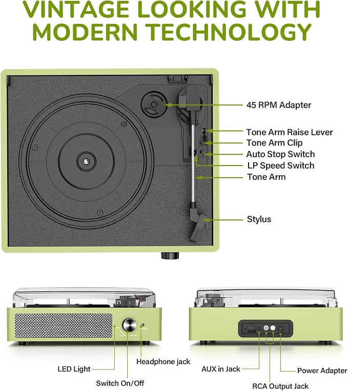 Vinyl Record Player with 2 Stereo Speakers Belt-Driven Vintage Turntables 3 Speed 3 Size Wireless Bluetooth Playback AUX-in RCA Out Headphone LP Vinyl Players Auto Stop Light Green